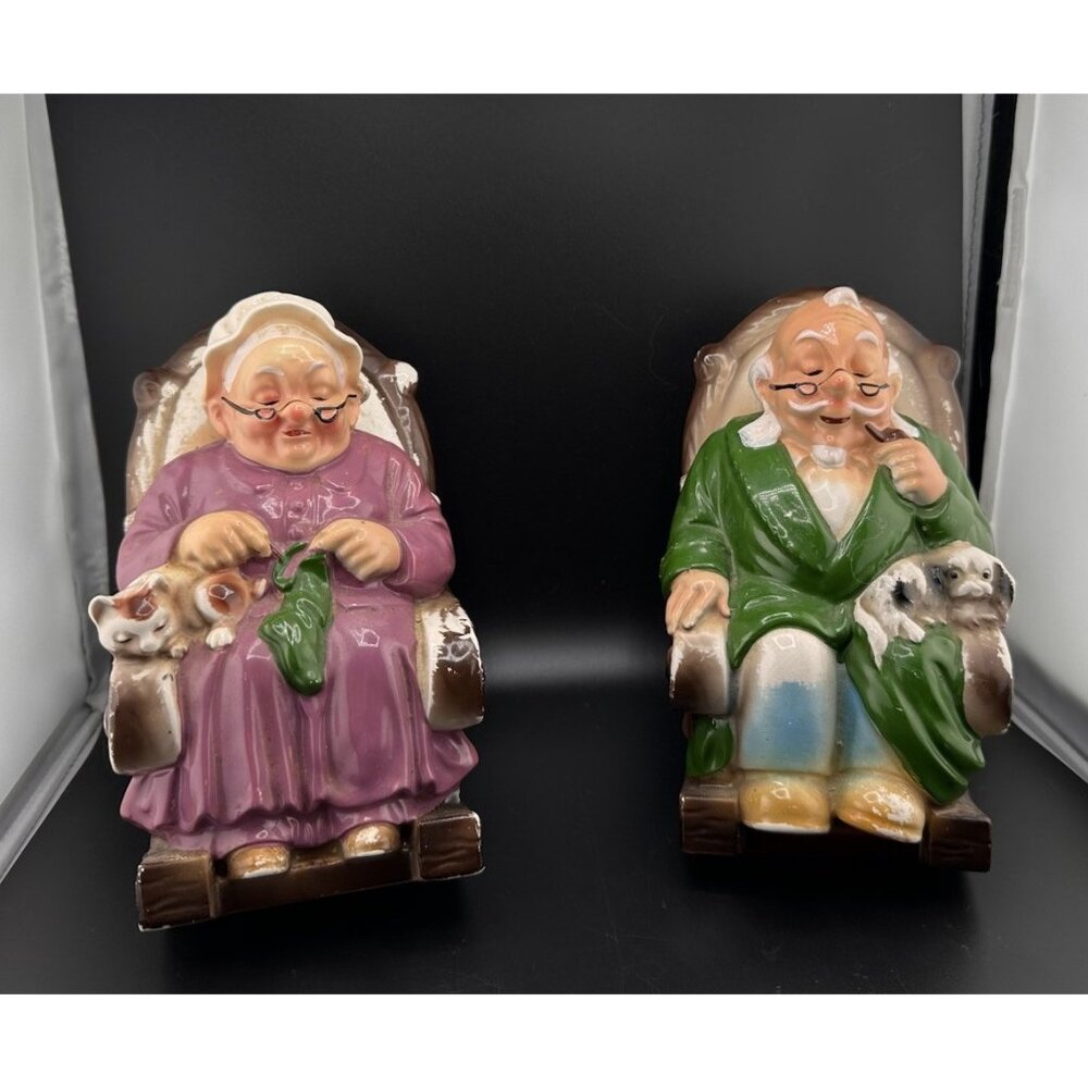 Pair of Vtg Ceramic Grandma And Grandpa Retirement Fund Banks Japan Lefton READ